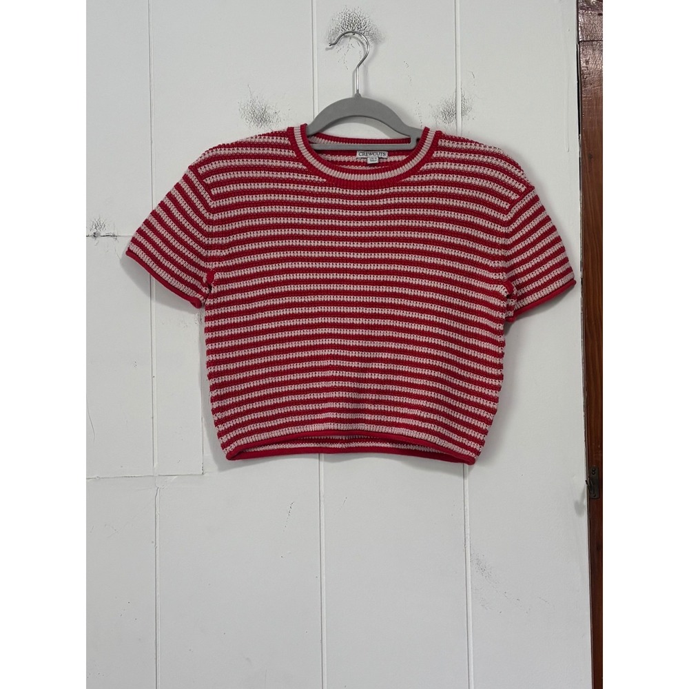 Crewcuts Girls Red Pink Striped Short Sleeve Cotton Knit Sweater Size L 10-11